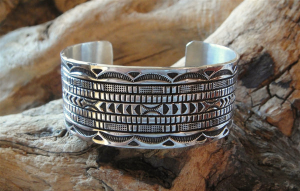 Item #913R- XLG Wide Navajo Stamped Symbols Repousse Sterling