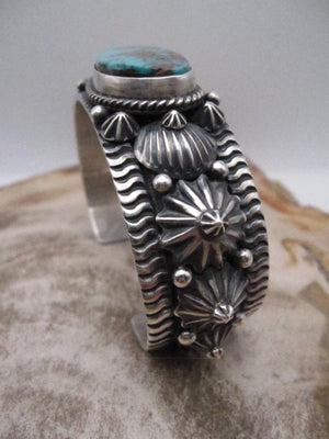Native American Made Pilot Mountain Turquoise and Sterling Silver Cuff Bracelet