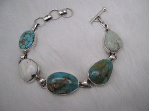 Native American Made Multi-Stone Turquoise Link Bracelet from Five Different Mines and Sterling Silver Link Bracelet