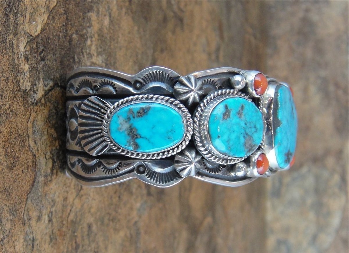 Native American Made Kingman Turquoise Red Coral and Sterling Silver Cuff  Bracelet